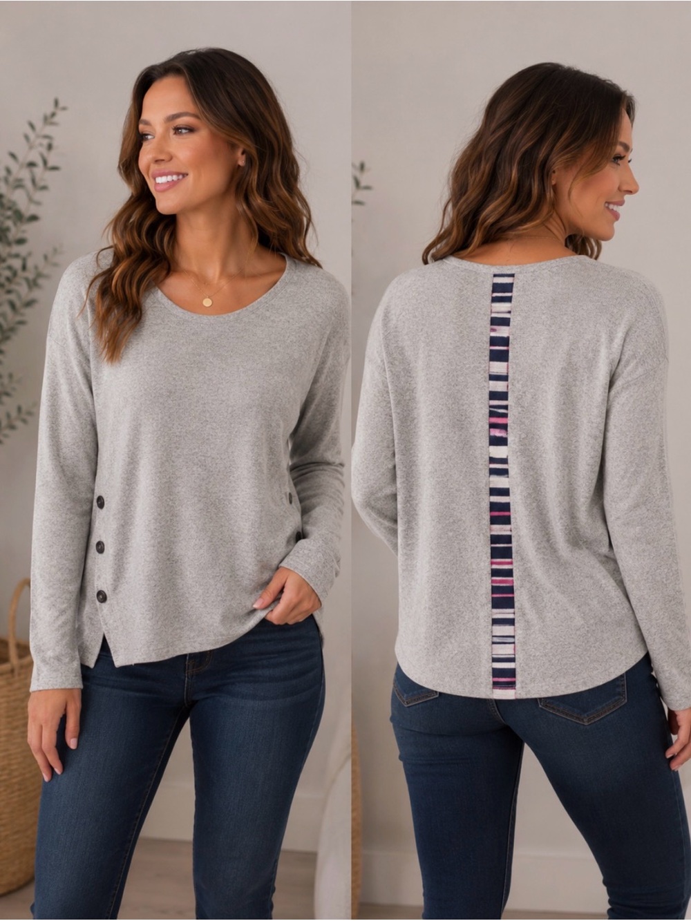 222 NIC+ZOE Light Gray Cashmere Blend Knit Sweater Large Petite Button Soft